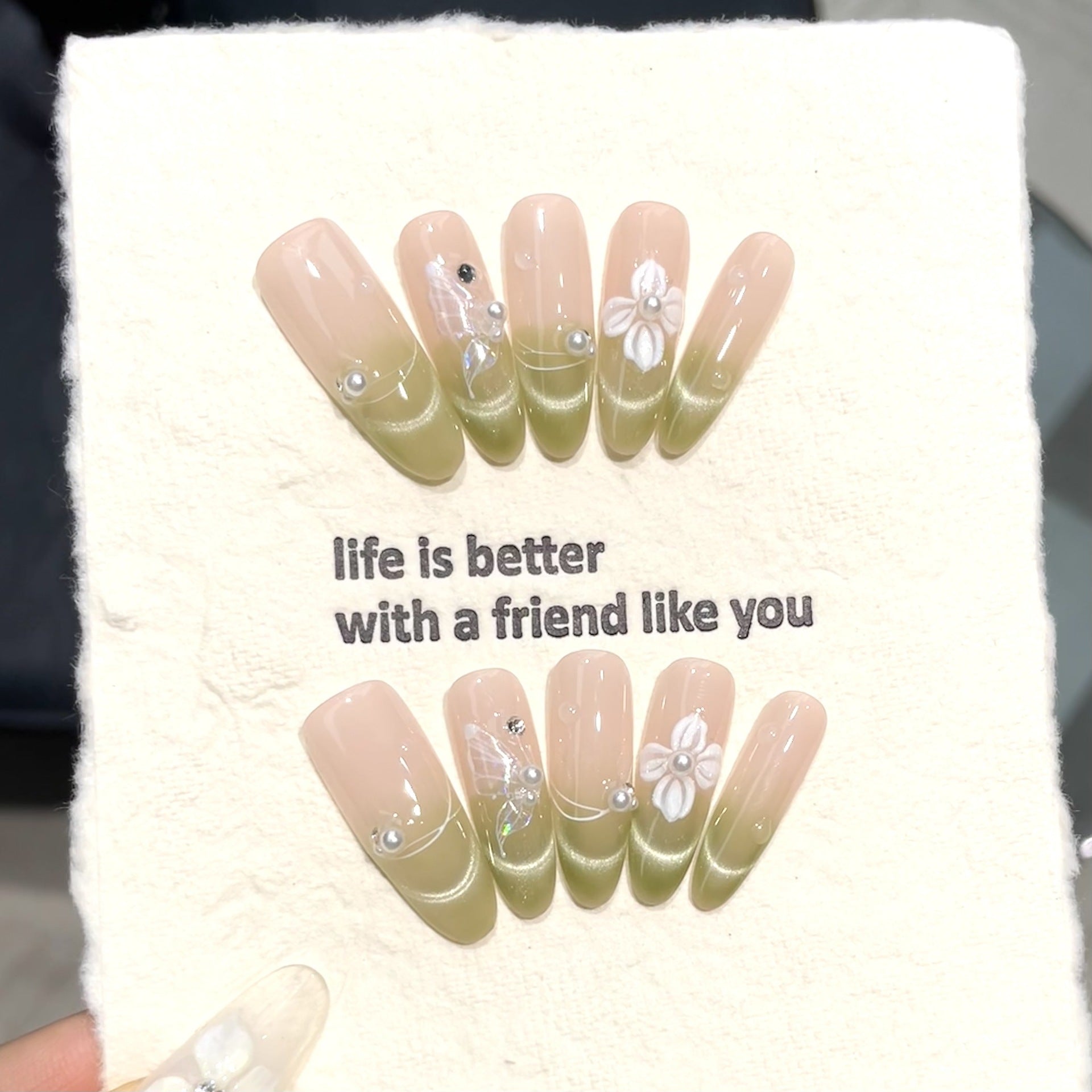 365nails: "Verdant Bloom" – 3D Floral Handmade Short Square Nails