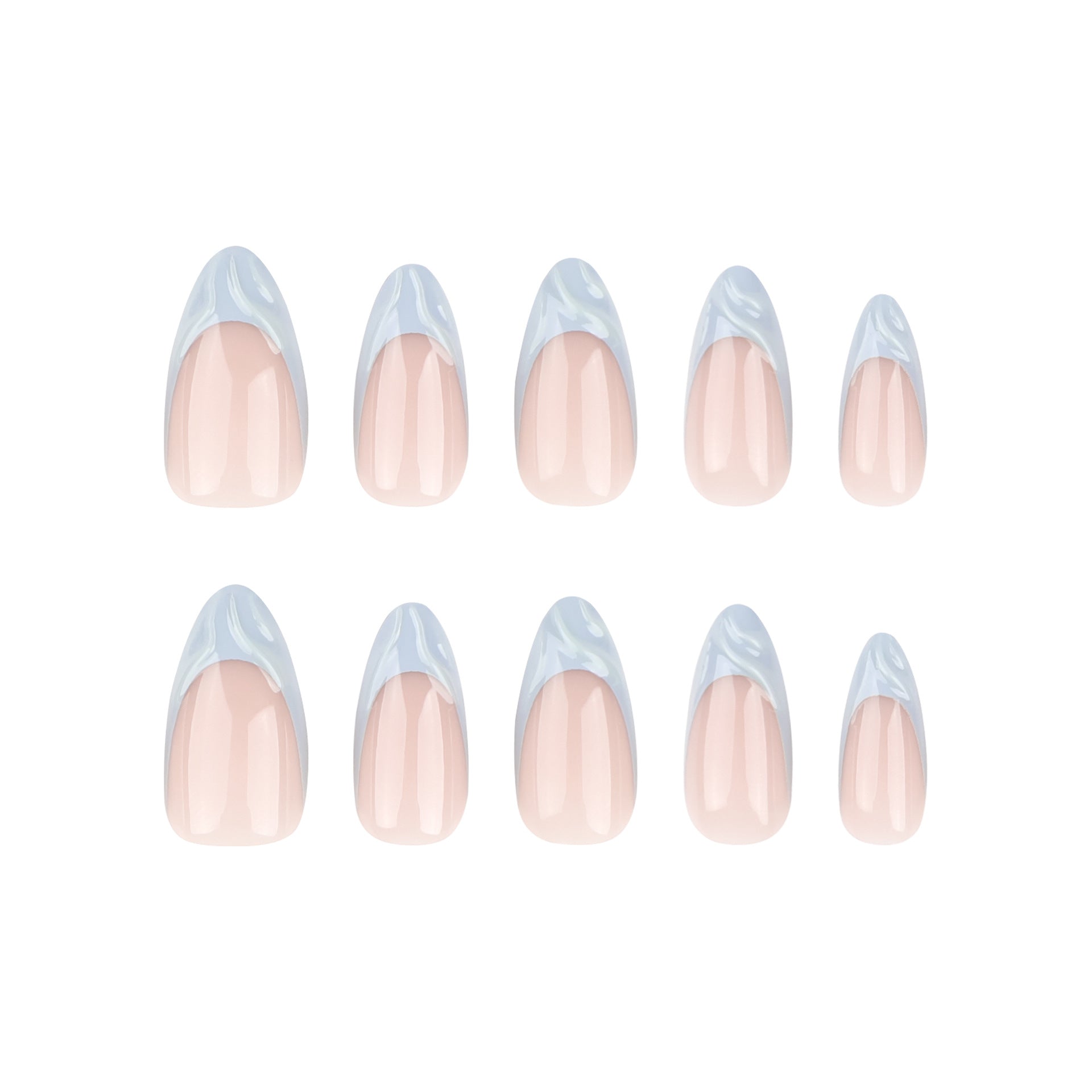 Unhas postiças 3D tridimensionais com ondulação de água, manicure francesa azul claro, unhas postiças curtas e simples, produto acabado, atacado｜365nails