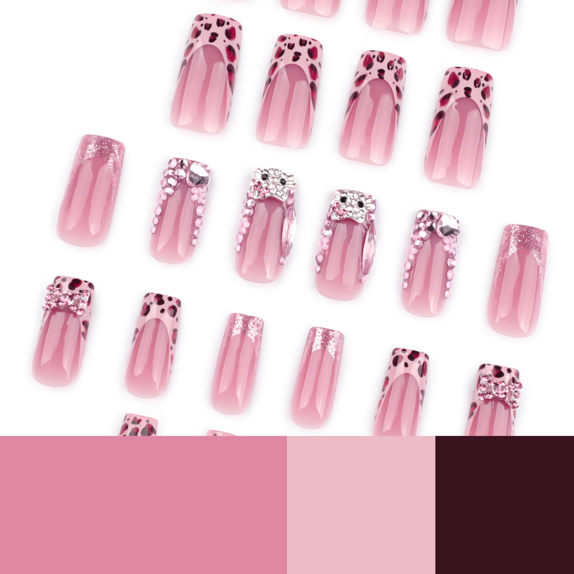 Manicura francesa con estampado de leopardo, destellos de diamante, uñas postizas de gato de dibujos animados, lazo de flores | 365nails