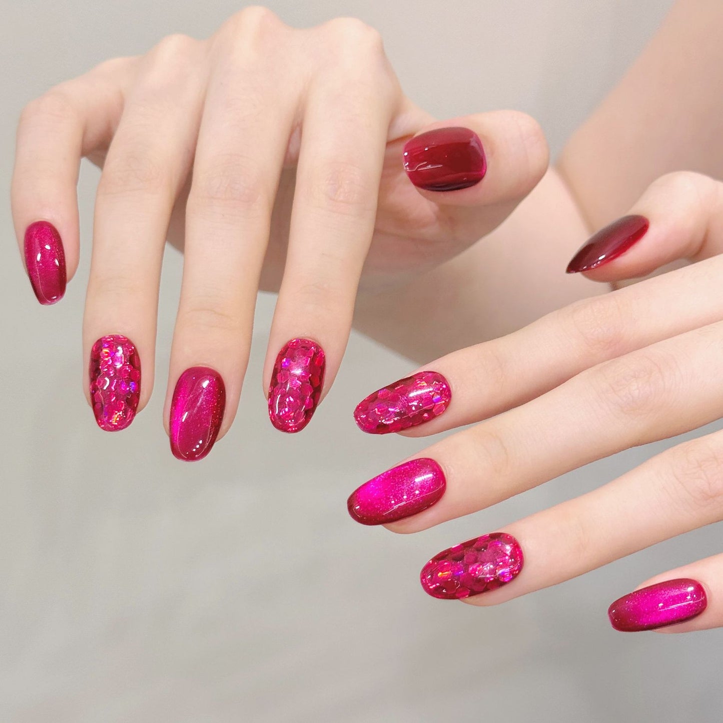 Shiny Hot Pink Glitter Press On Nails Mixed Shapes