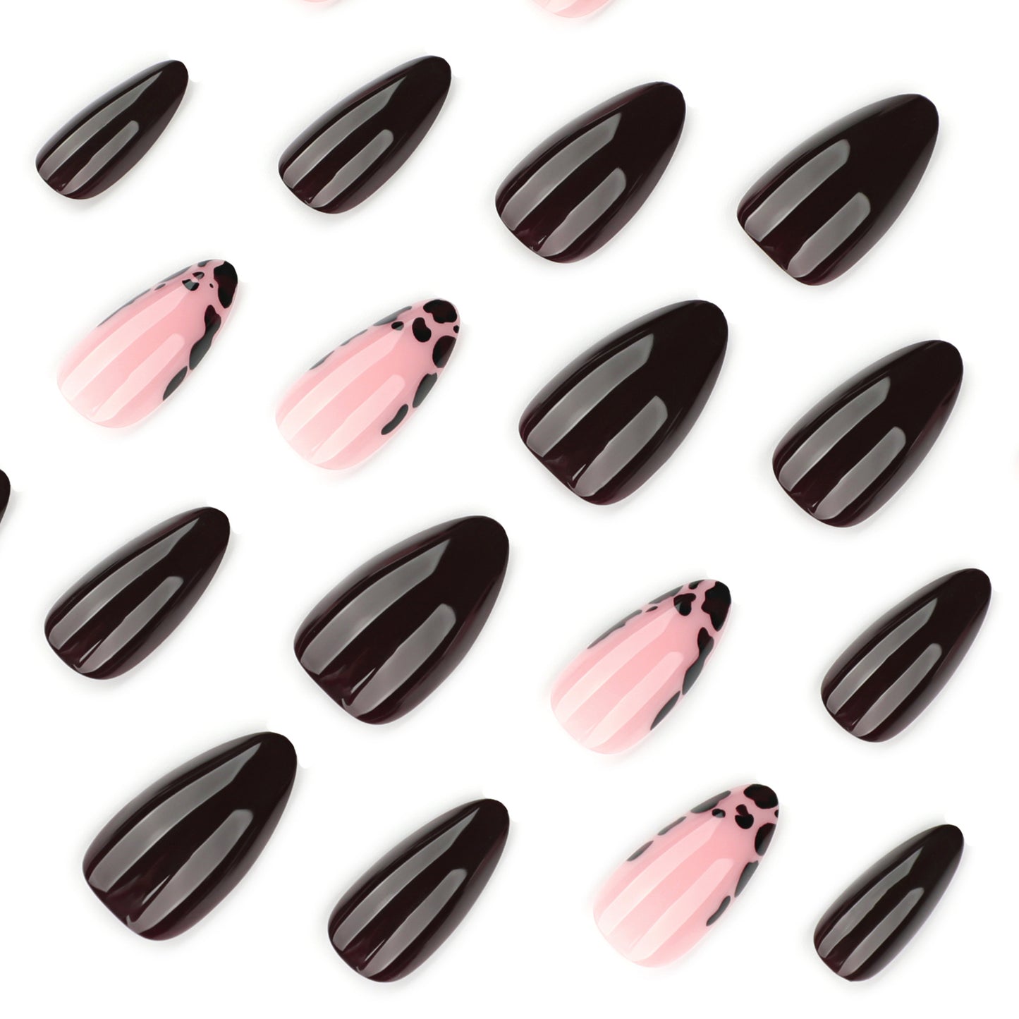 Pink and Black Cow Print Contrast Glossy Nails