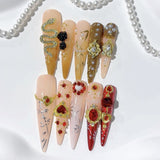 Baroque Gold Heart Crystal Extra Long Press On Nails