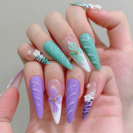 Mandarin Duck Purple Green Pinch Flower  Spice Girls Long Handmade Wear nails | 365nails