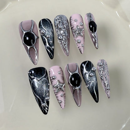 Long pointed nail art metal hand-painted  relief sweet cool babes cat eye press-on nails pure handmade wholesale｜365nails