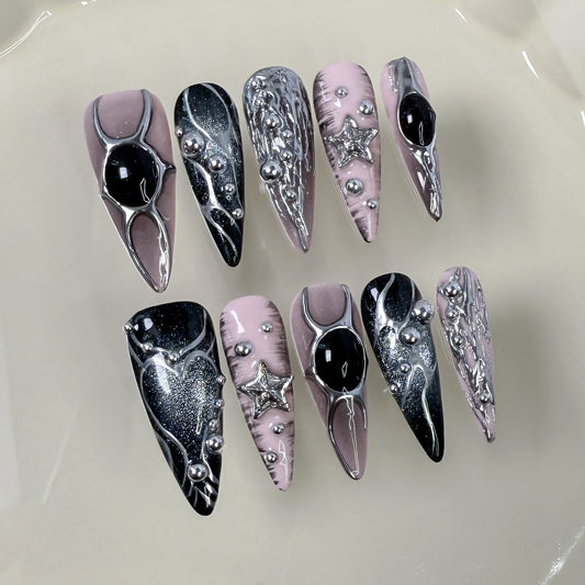Long pointed nail art metal hand-painted  relief sweet cool babes cat eye press-on nails pure handmade wholesale｜365nails