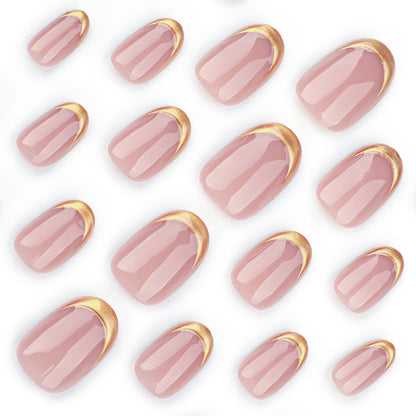 Simple short short short round naked powder nail art French gold wearable fake nail gold pulp 3D wearable nail piece wholesale｜365nails