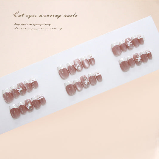 Nail Tips  Prefabricated Nail cat eye Bow Milk White French Lines Sweet Girl  Removable Nail Art 30 Pieces｜365nails