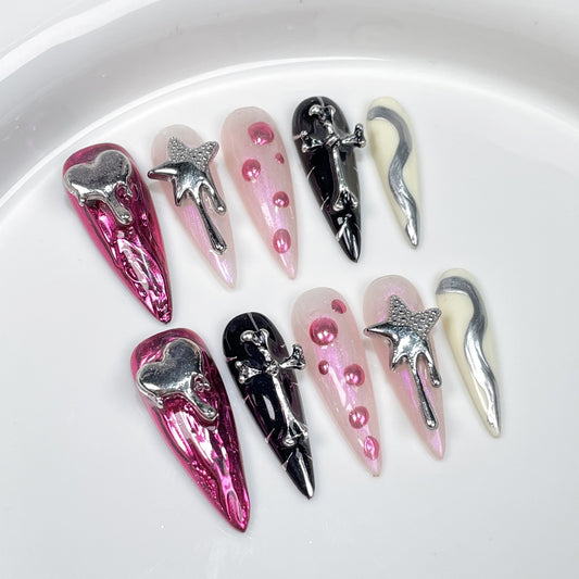 Long-pointed Handmade press on nails metal relief  Spice Girl nail art  sticker｜365nails