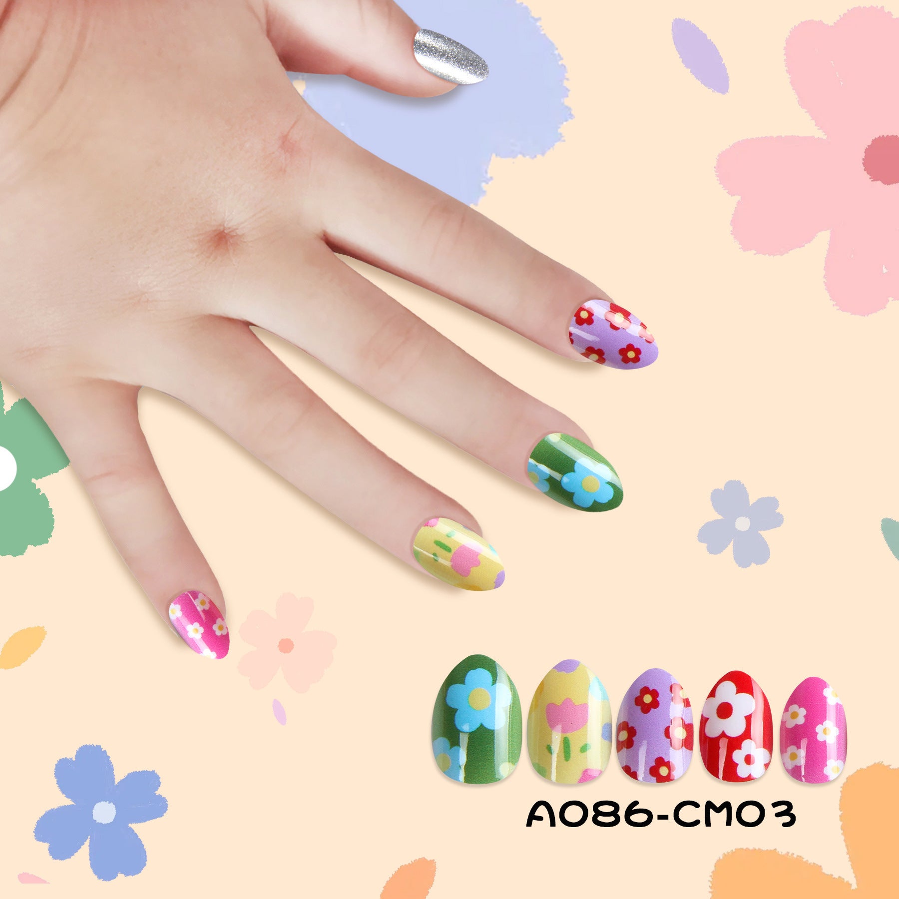 Kids press-on nails 24 pieces of finished nail art patch, silver flower, safe and environmentally friendly