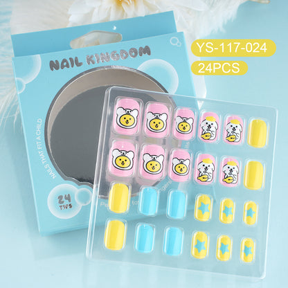 Children press on nails, cartoon 24-piece boxed finished product, sweet and cute children's removable fake nail patch manicure