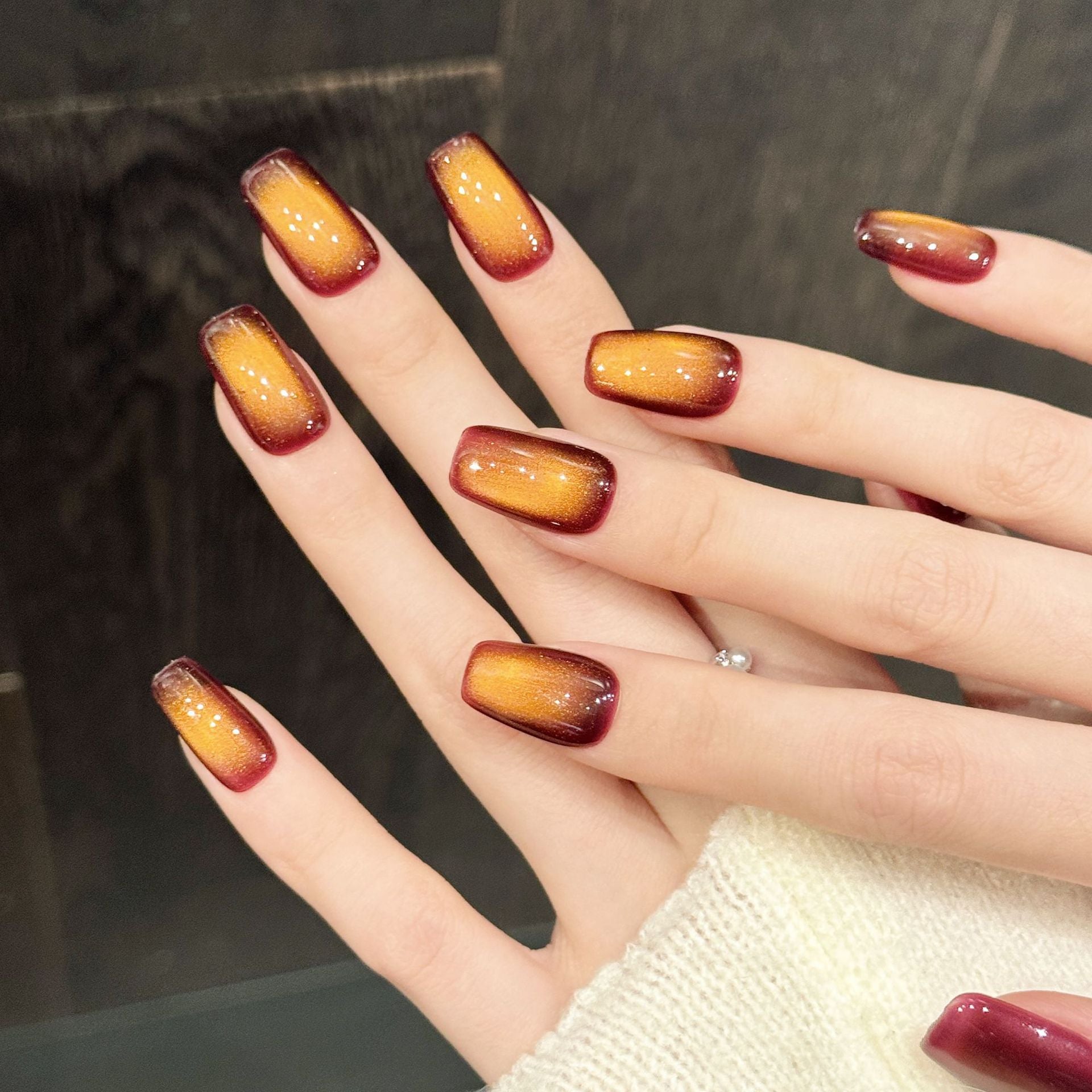 Burnt Orange Red Glitter Gradient Press On Nails