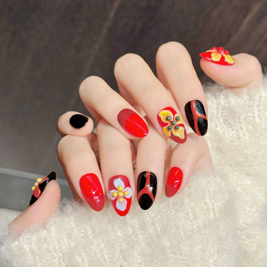 365nails: "Fiery Blossom" – 3D Floral & Abstract Handmade Almond Nails