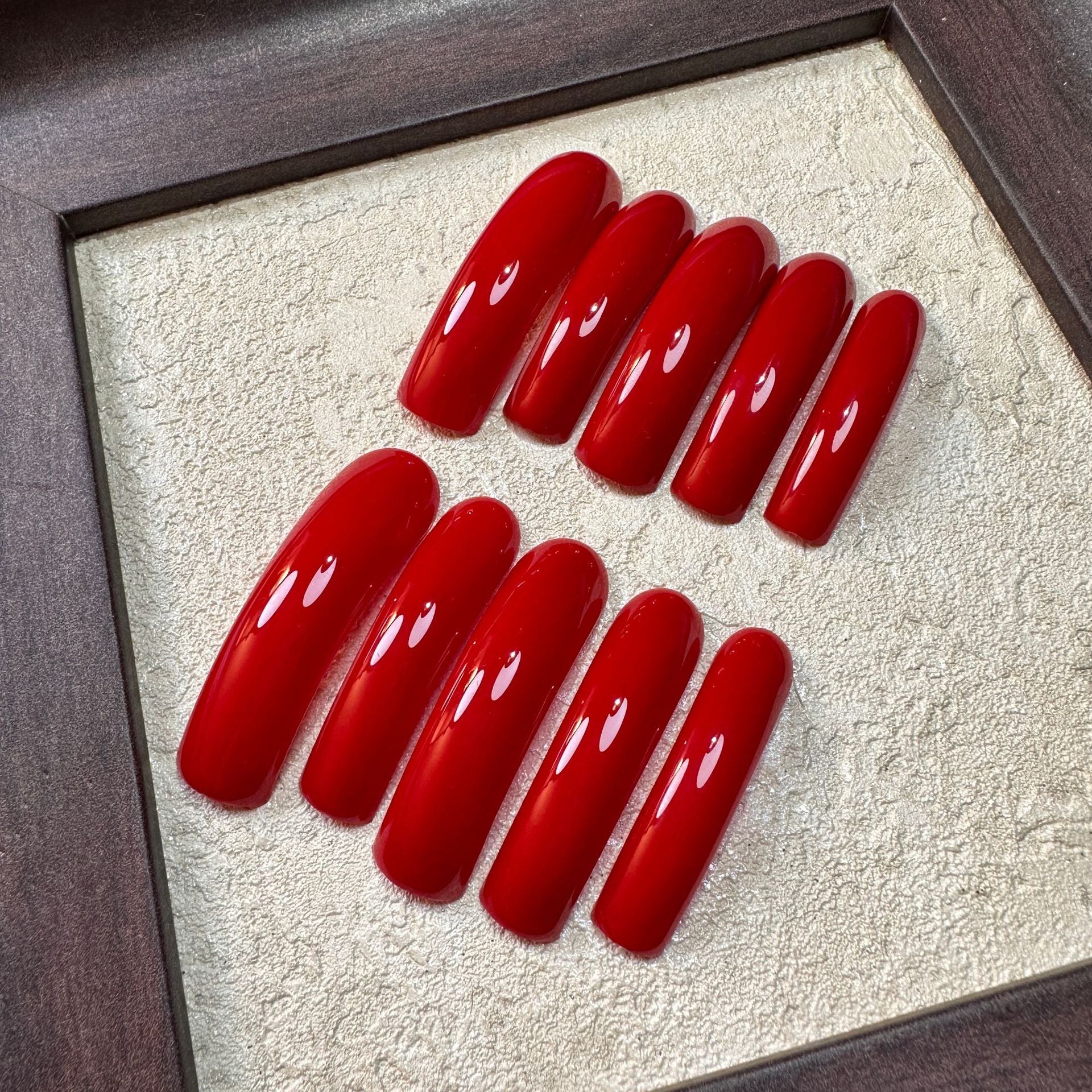 Glossy Red Curved Long Press On Nails
