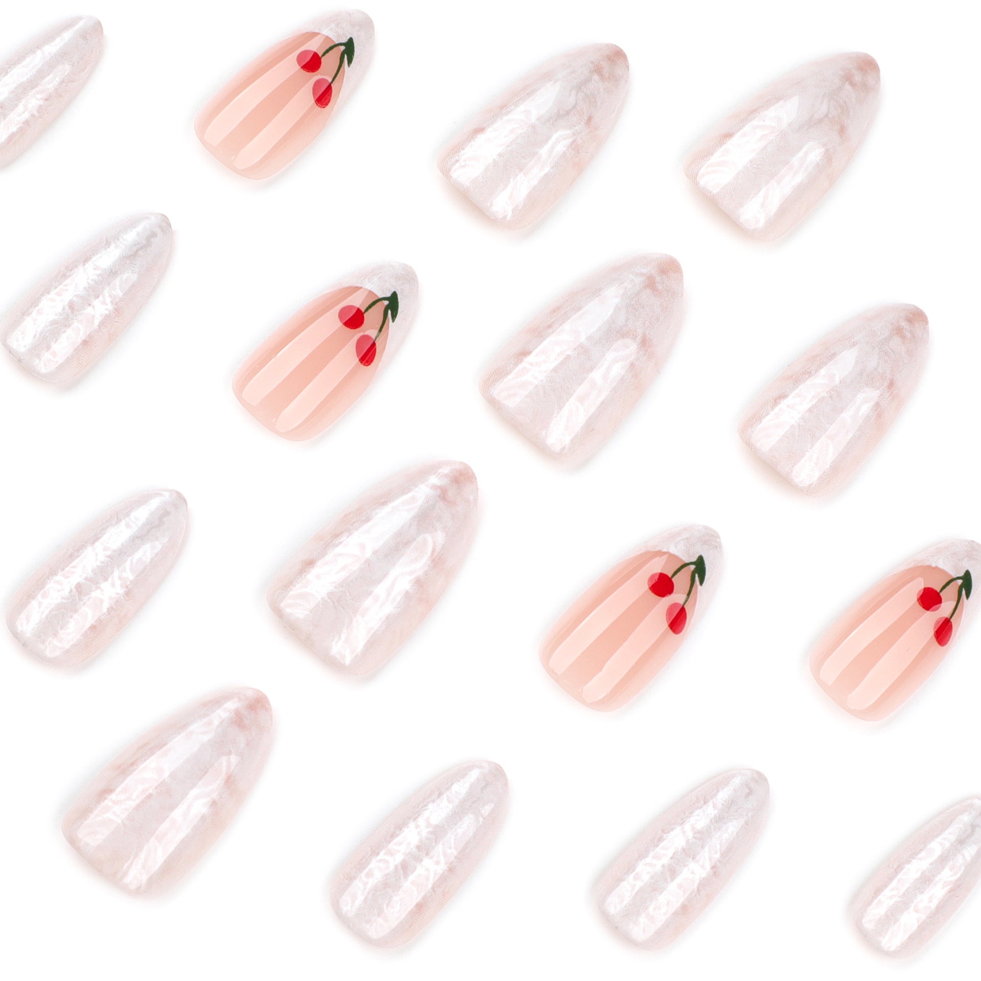 Pearlescent powder smudged nail art wearing nail short almond nail fake nail simple cherry removable nail finished product wholesale