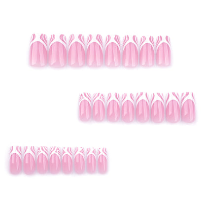 French white abstract striped manicure, fake nails, simple wearing nail pads,  square pink nail patches｜365nails