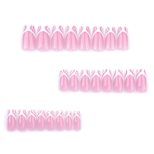 Manicure francesa listrada branca abstrata, unhas postiças, almofadas de unha simples de usar, adesivos de unha quadrados rosa ｜365nails