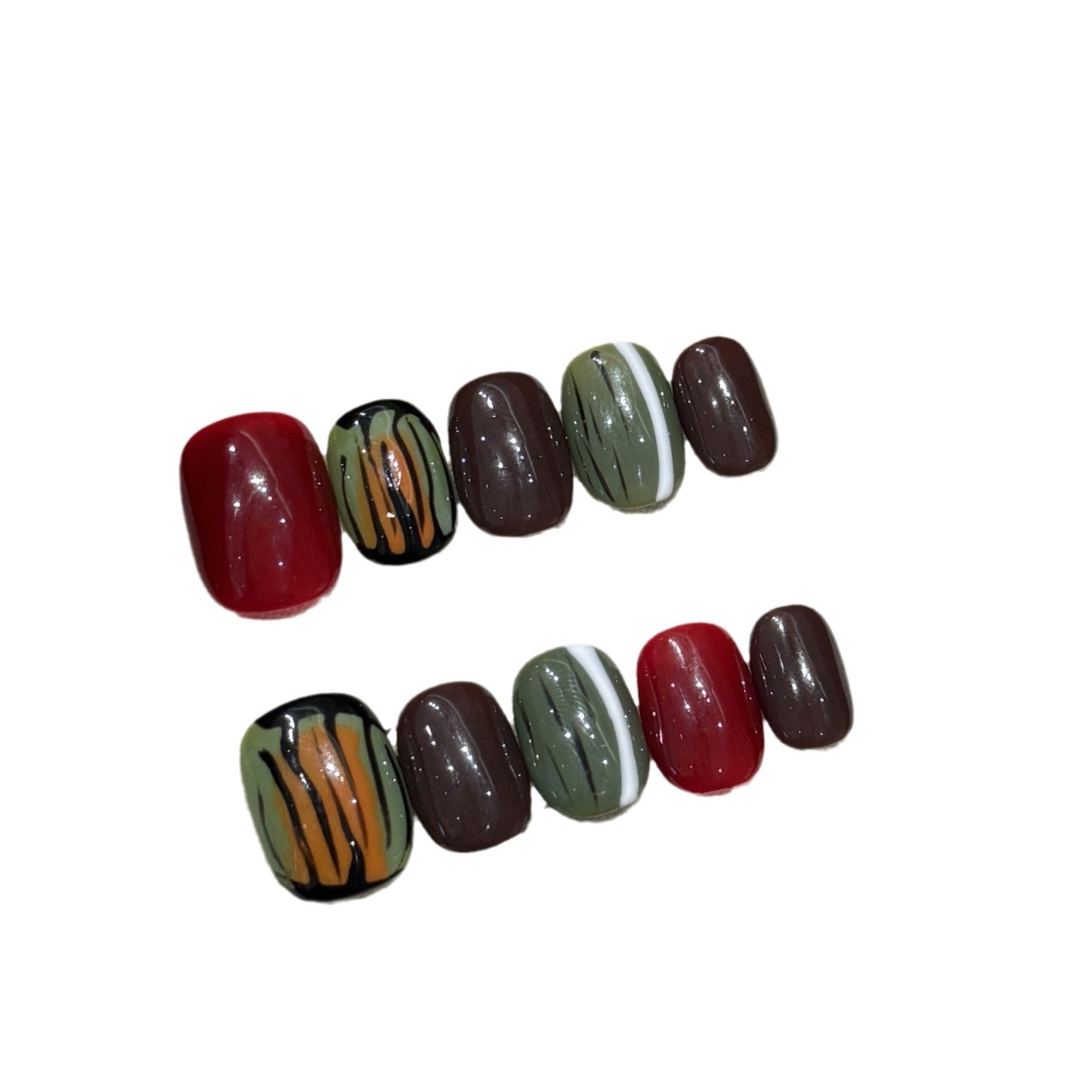 365nails: "Autumn Stripes" – Hand-Painted Geometric Handmade Short Square Nails