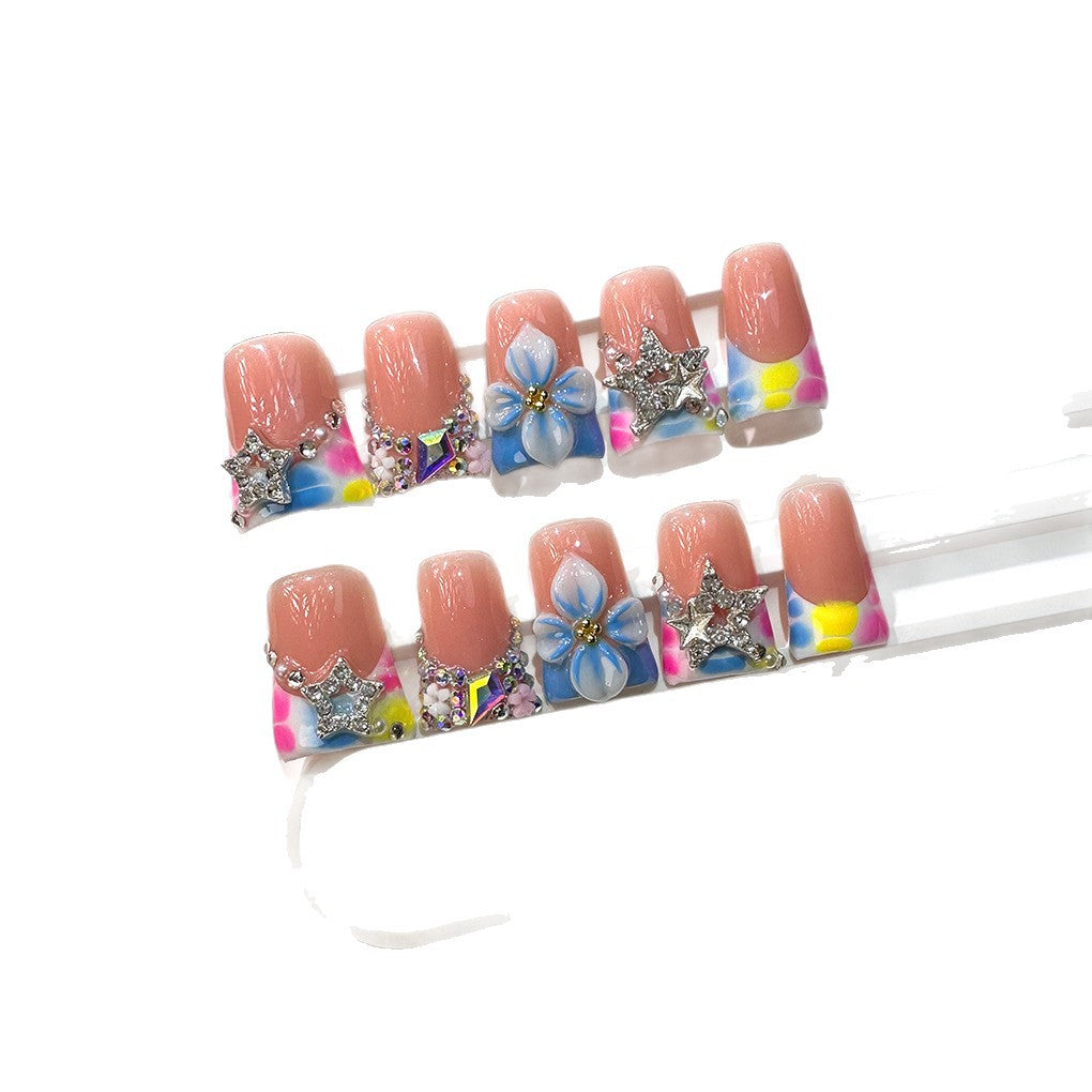 Colorful Floral Star Crystal French Press On Nails