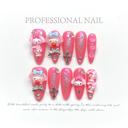 Mourning Sweet Looking Cyberpunk Rabbit Hand-painted Nail Art Autumn and Winter White Crowe Heart Chain | 365nails