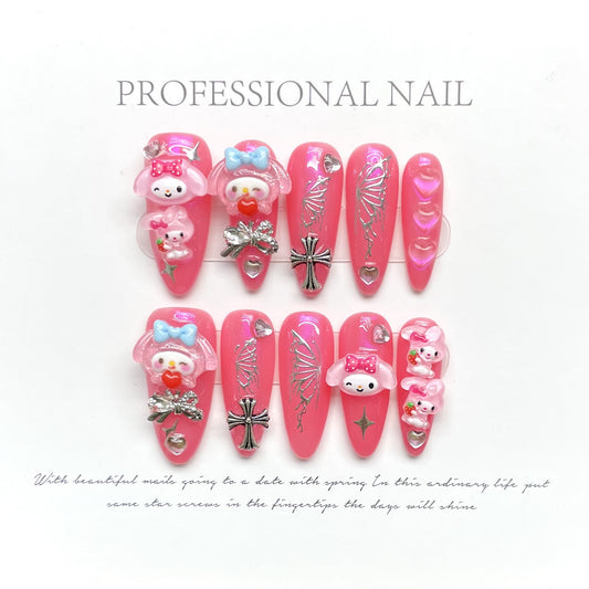 Mourning Sweet Looking Cyberpunk Rabbit Hand-painted Nail Art Autumn and Winter White Crowe Heart Chain | 365nails
