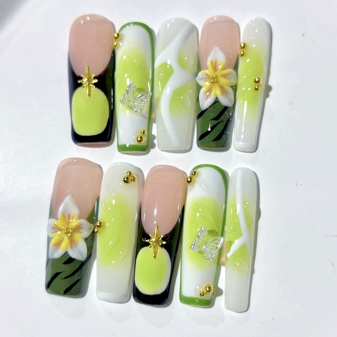 清新綠色花卉水晶藝術穿戴甲套組