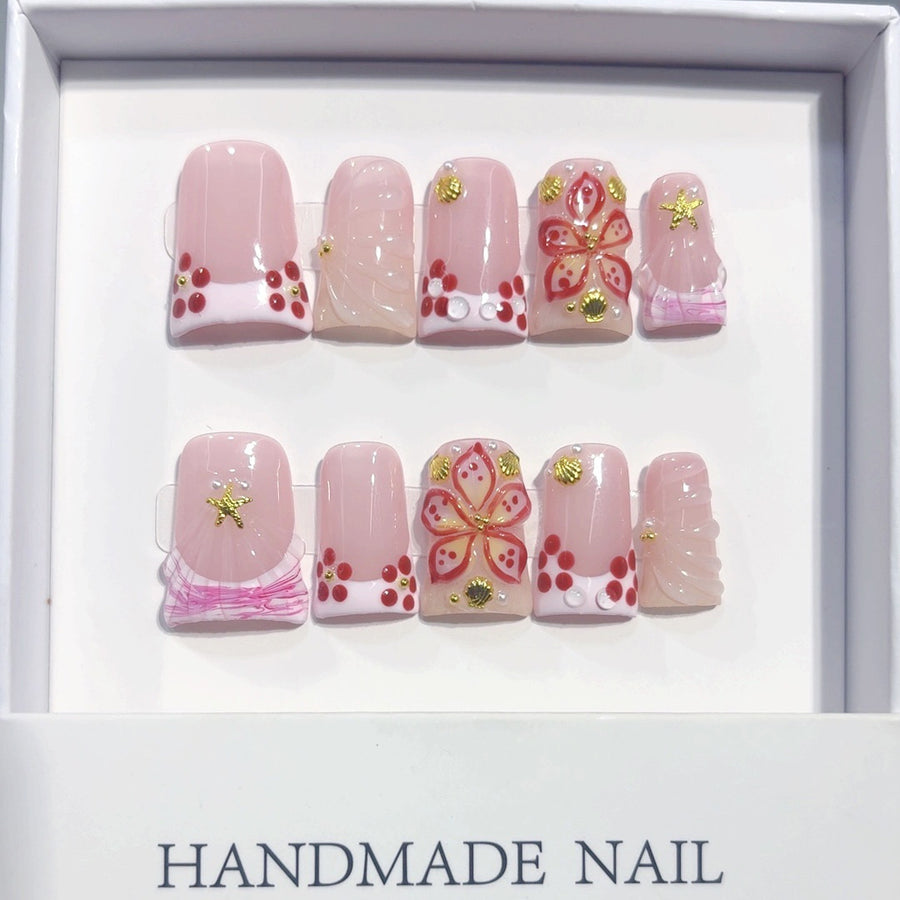 Sakura Berry: "Pink Floral Berry" – Short Square Shape Handmade Press-On Nails