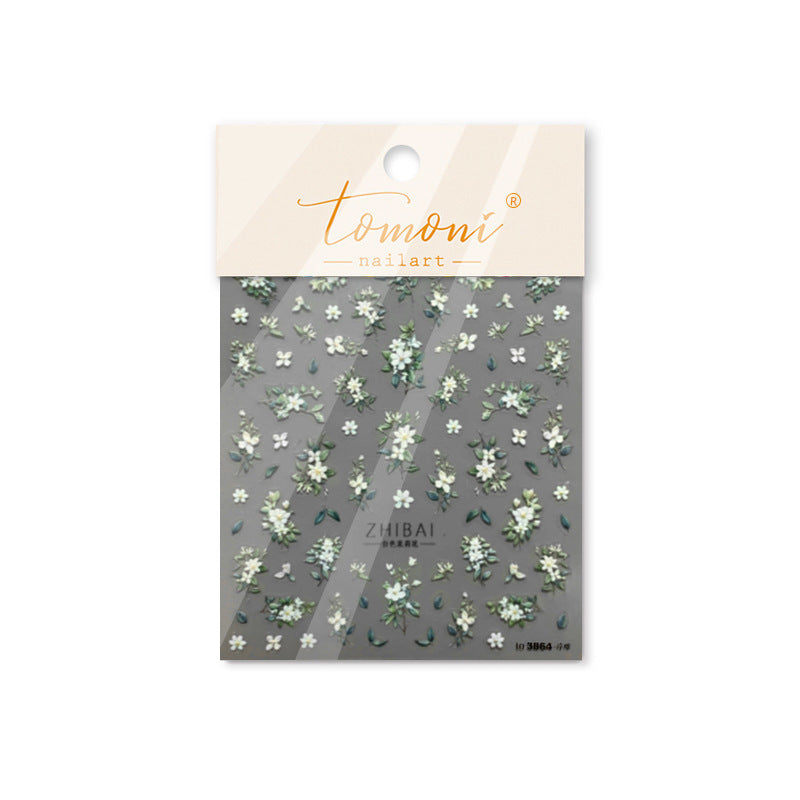 White Jasmine & Green Leaf: "ZHIBAI Pure Jasmine" – 5D Embossed Nail Sticker