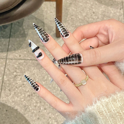 Black Python Metal Nail Art press-on nails Mirror Pure Hand Painted Python Pattern Spice Girl Design  Long Tip | 365nails
