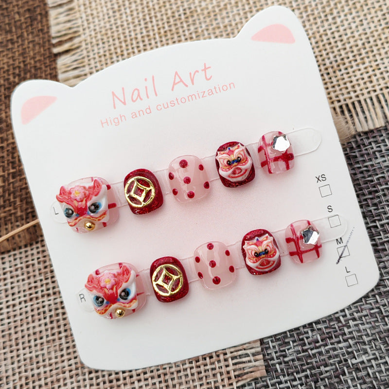 365nails: "lucky red lion dance" – short round handmade kids press-on nails