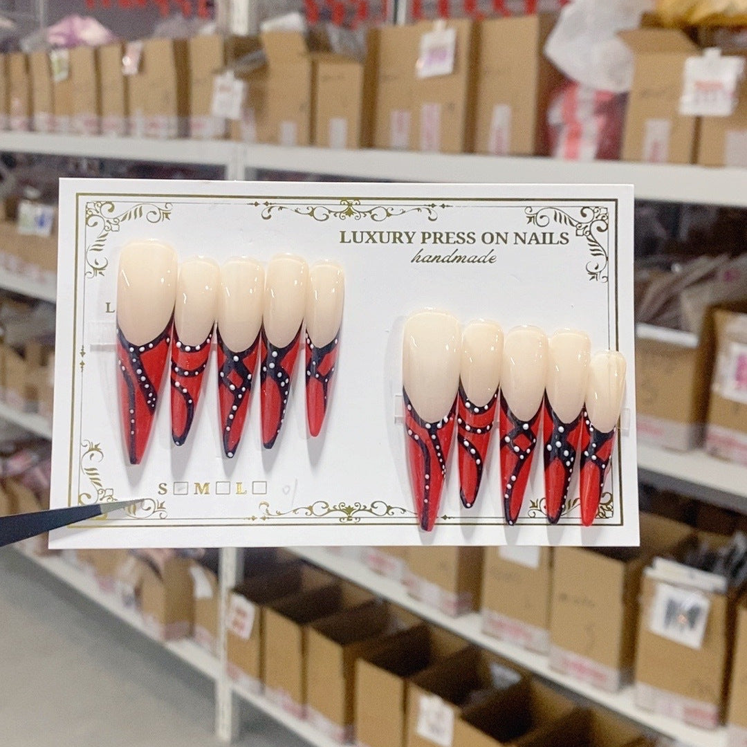 Red French Line Art Extra Long Press On Nails