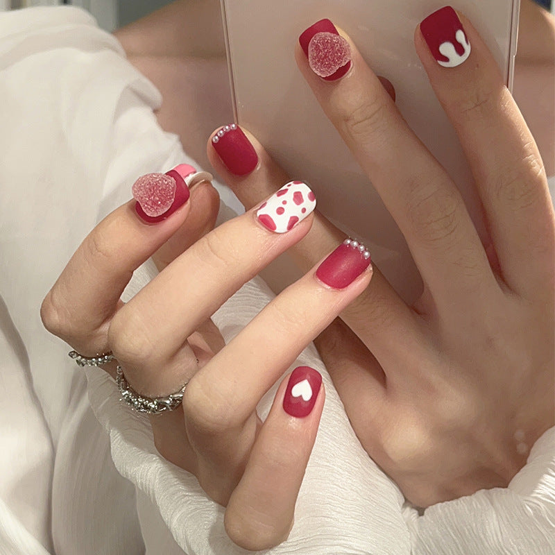Three-dimensional cartoon strawberry bear pure handmade press-on nails removable nail art autumn and winter short hand-painted love nail art｜365nails
