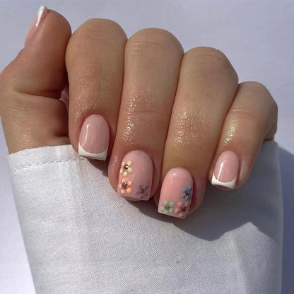 Press on nails short white French nails piece finished multi-colored flower gold glitter nails art press on nails｜365nails
