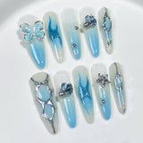Uñas postizas hechas a mano con diseño de hielo, transparente, azul, estrella, luna, mariposa, hada, viento, suave, dulce, blanco, uñas largas | 365nails