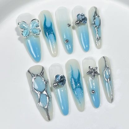 Handmade Press-on Nails Ice Transparent Blue Star Moon Butterfly Fairy Wind Gentle Sweet White Long Nail Art｜365nails