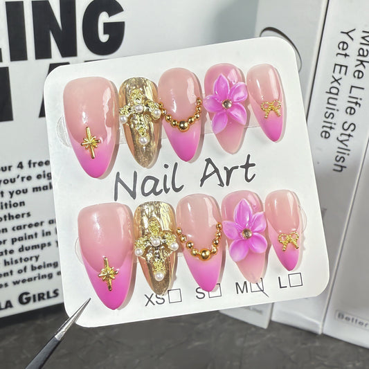 Imprensa feita à mão em unhas gravura tridimensional gelo-transparente explosão francesa amêndoa unha remendo fábrica atacado ｜ 365 unhas
