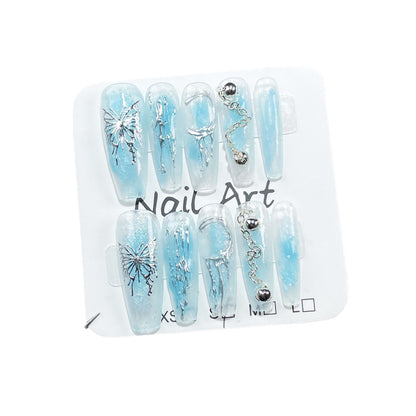 Ice through cat eye Handmade Press-on Nails Ocean blue butterfly irregular relief long  finished ｜365nails