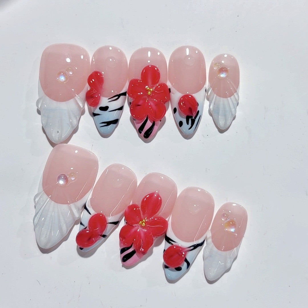 365nails-Plum Blossom & Shell: "紅色花卉貝殼" – 中長款杏仁形手工製穿戴甲