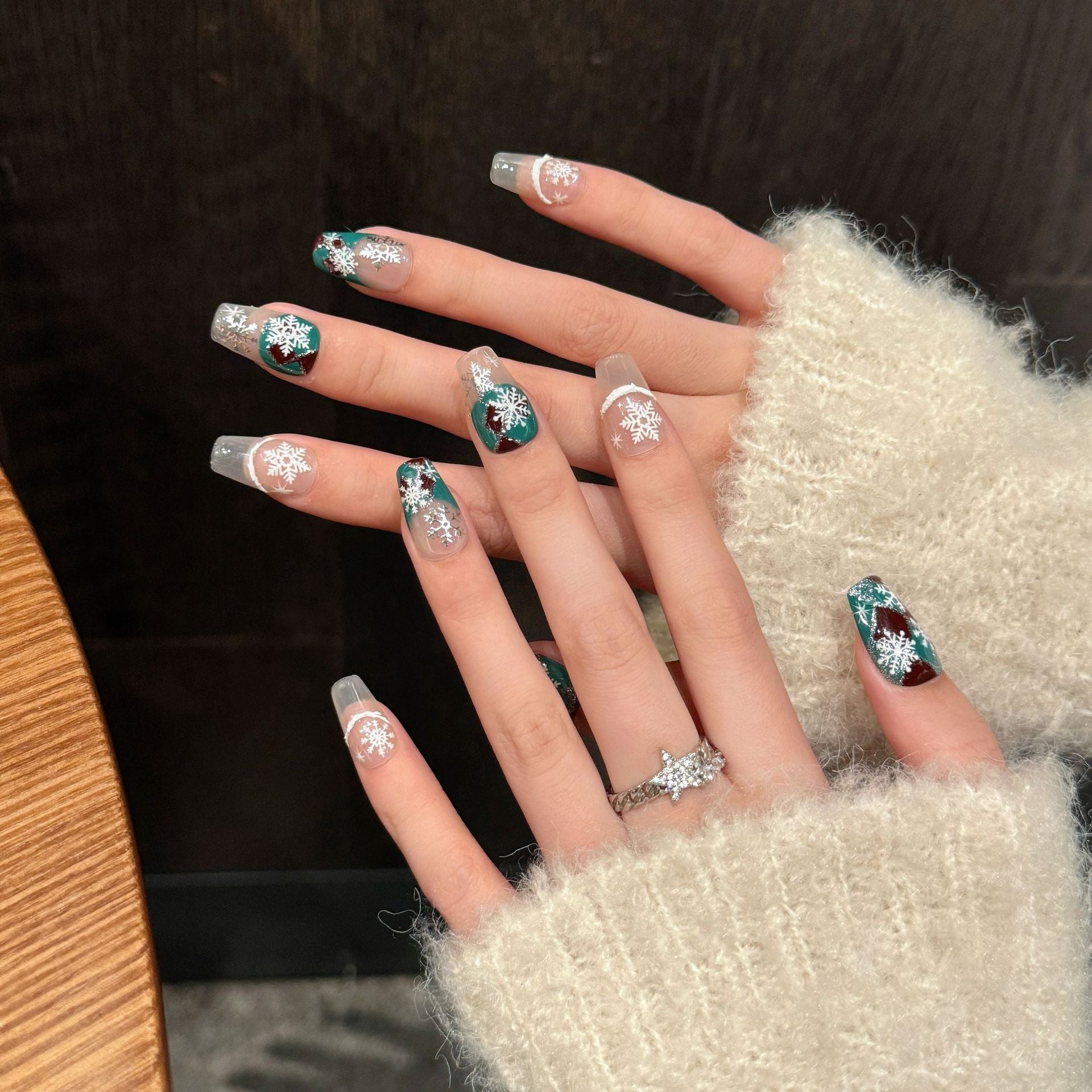 Blue and Red Snowflake Press‑On Nails – Winter Frost Short Design