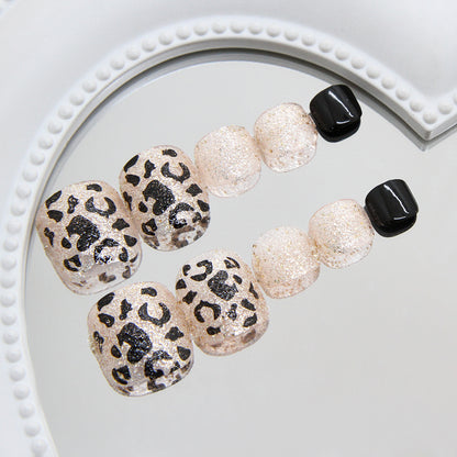 Exquisito estampado de leopardo champán, fino flash de moda, uñas de los pies blancas versátiles extraíbles, 24 piezas ｜365nails