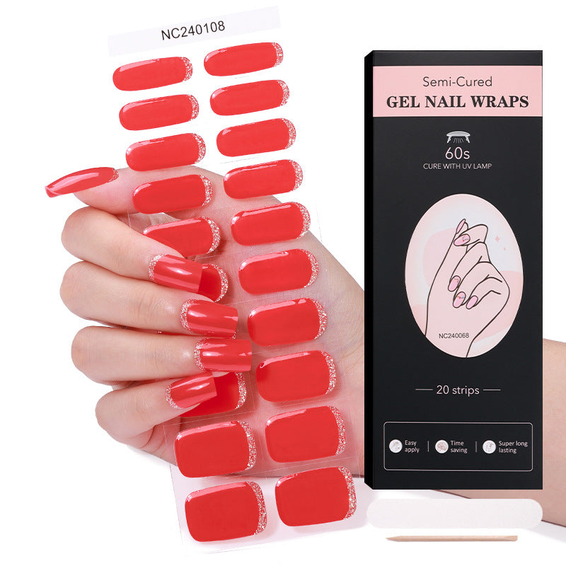 Semi-Cured Gel Nail Strips French Glitter Pink Sparkle Glossy Set (MOQ=3)