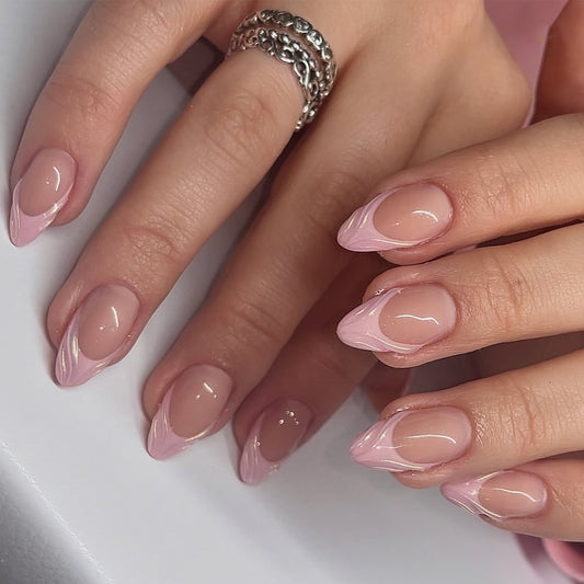 Simple short almond-shaped  finished product wholesale French pink 3D nail piece repeatable fake nail｜365nails
