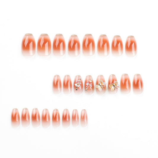 French white edge nail piece wholesale Maillard brown smudged transparent press on nails butterfly flower aurora fake nail｜365nails