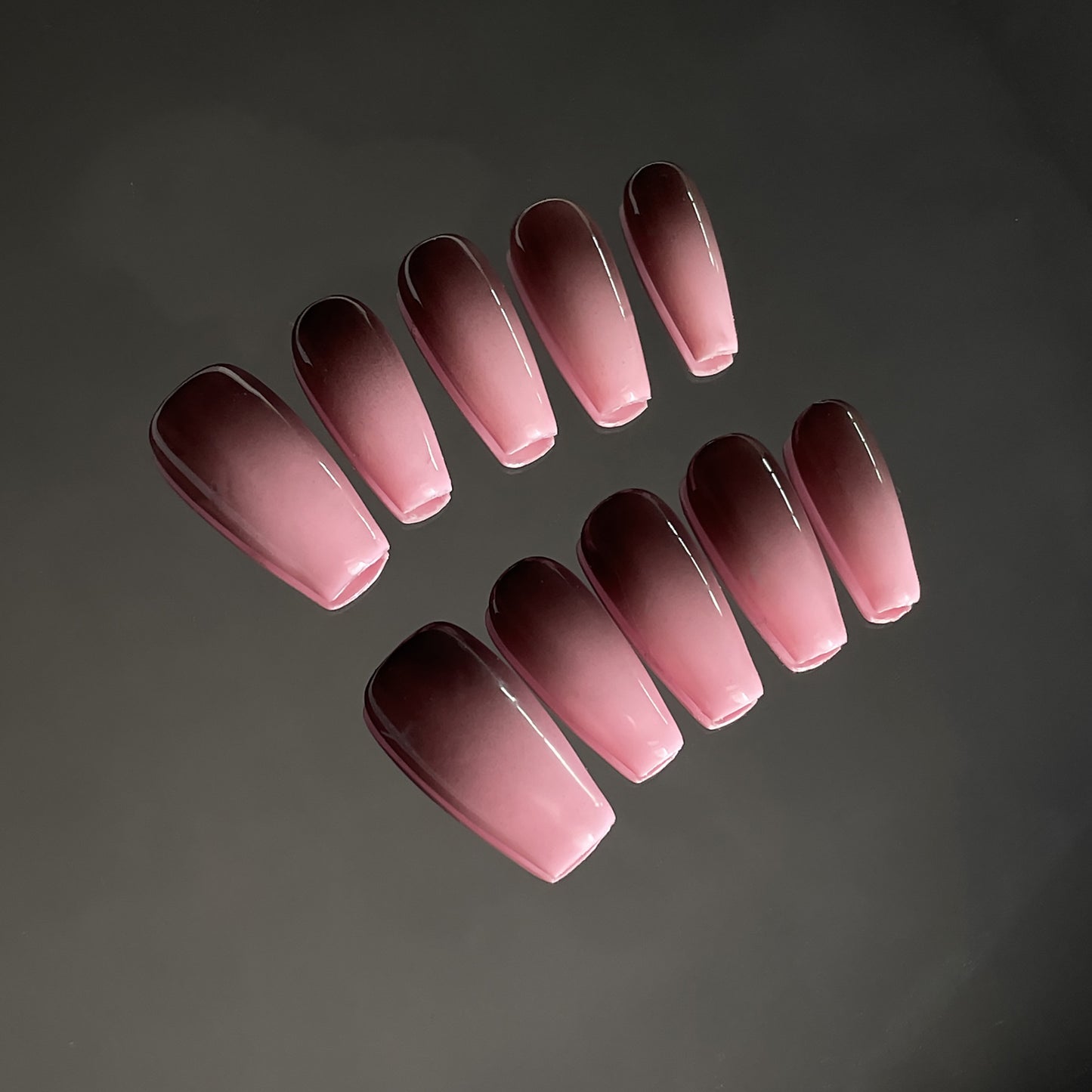 Unhas postiças artesanais puras com pó preto simples, mudança gradual, adesivo para unhas médias e longas, atacado｜365nails