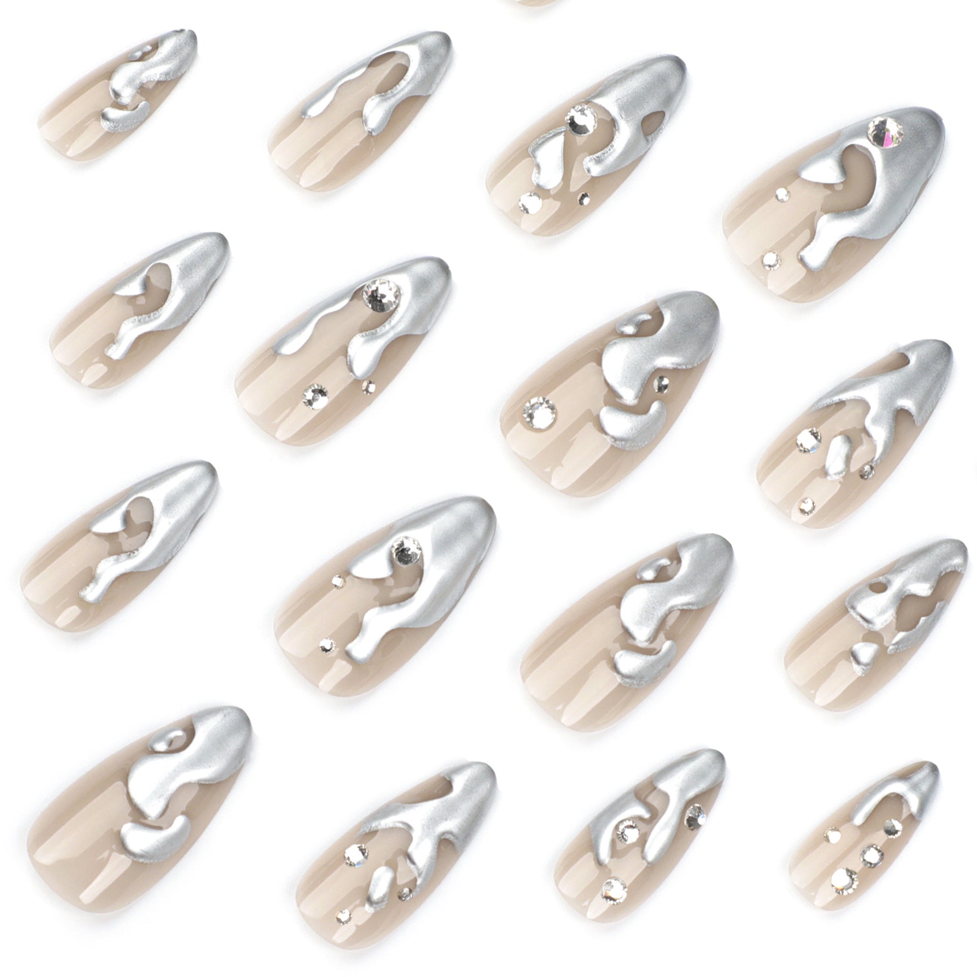 French 3D silver paste press on nails film short almond fake nails point drill fake nail nail film wholesale｜365nails