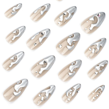 French 3D silver paste press on nails film short almond fake nails point drill fake nail nail film wholesale｜365nails