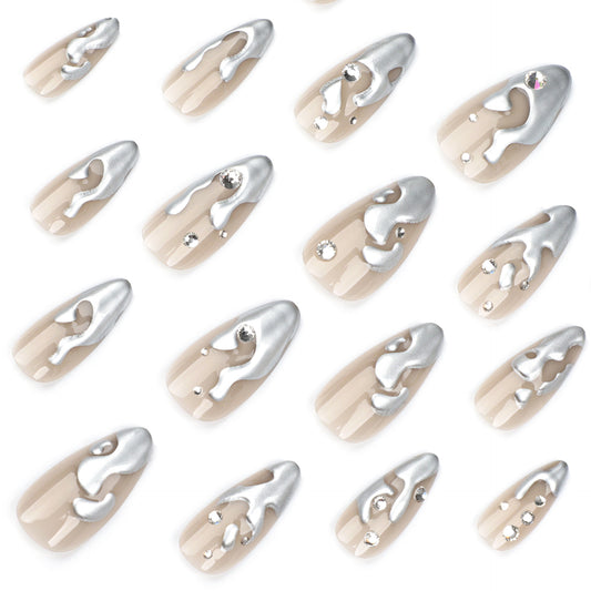 French 3D silver paste press on nails film short almond fake nails point drill fake nail nail film wholesale｜365nails