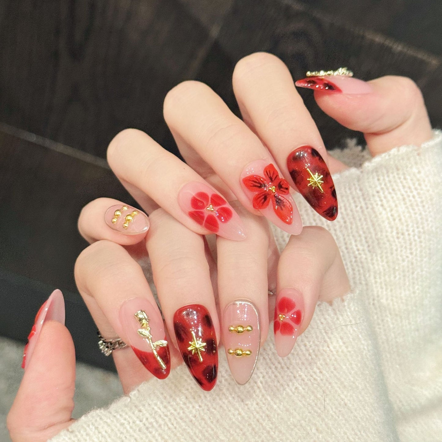 Red Floral Gold Accent Press On Nails