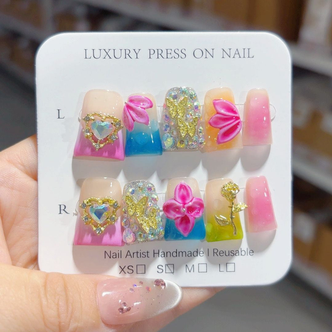 Enchanted Fairy: "Rainbow Bloom" – Short Square Handmade Press On Nails