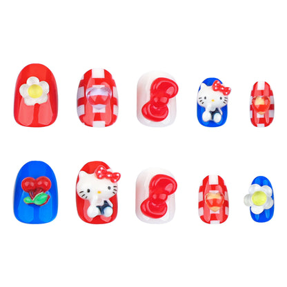 Japanese cartoon cute kitten wearing armor three-dimensional flower plaid manicure short simple fake nail nail wholesale｜365nails