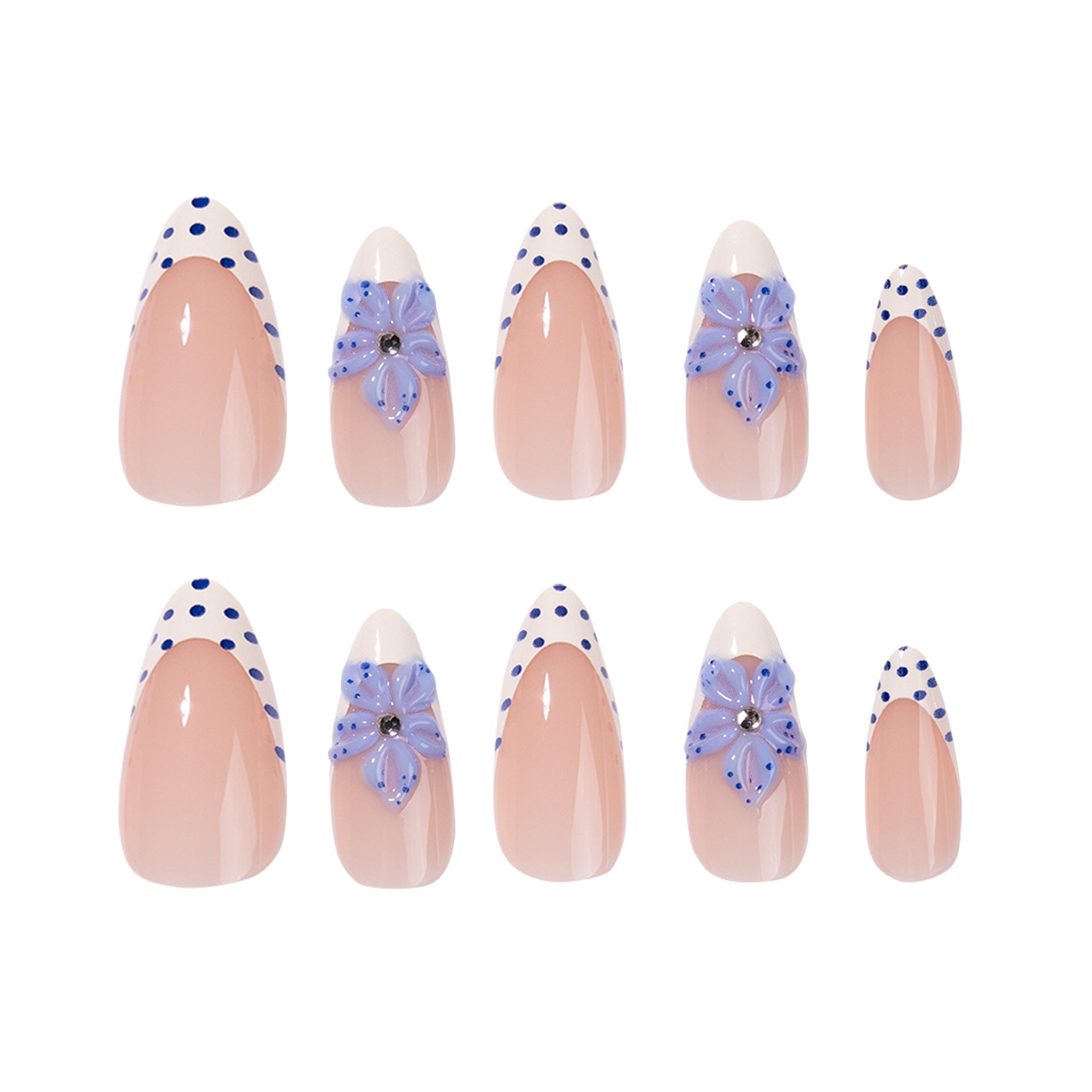365nails: "Blue Floral Polka Dot French Almond" – Delicate Press-on Nails